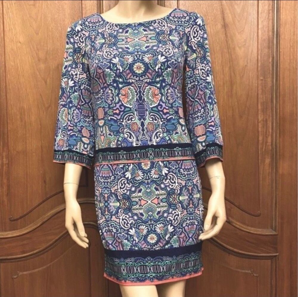 LAUNDRY by SHELLI SEGAL Dress Blue Paisley Work Party Wedding Guest Size XS